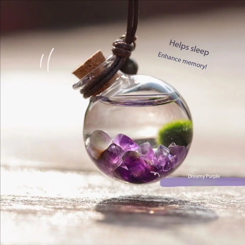 Healing Enchanting Purple Live Marimo Pendant - A Self-Sustaining Aquarium Plant Habitat, Mystical Portable Pet Decor for Desk & Calm Spaces (Includes LIVELY Moss Ball Pet)