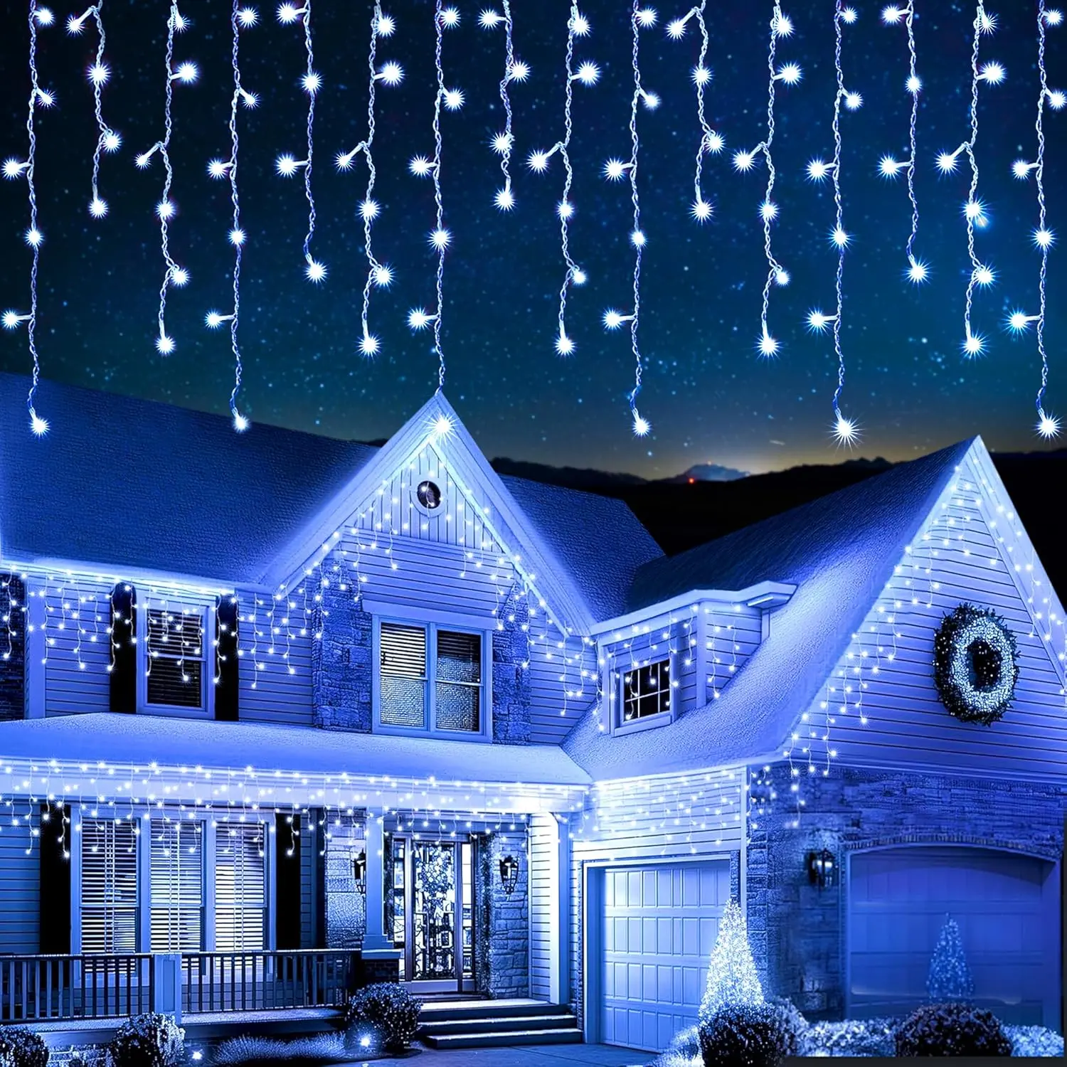 EcoNour Magical Icicle-Shape Outdoor Christmas Decor Lights - 240 LEDs, 8 Modes, Connectable Multi-Length String Lights, Timer & Memory Function, Waterproof Cool White Garden Decoration, Decorated Decorative Lights, Sparkling Decorative Lights