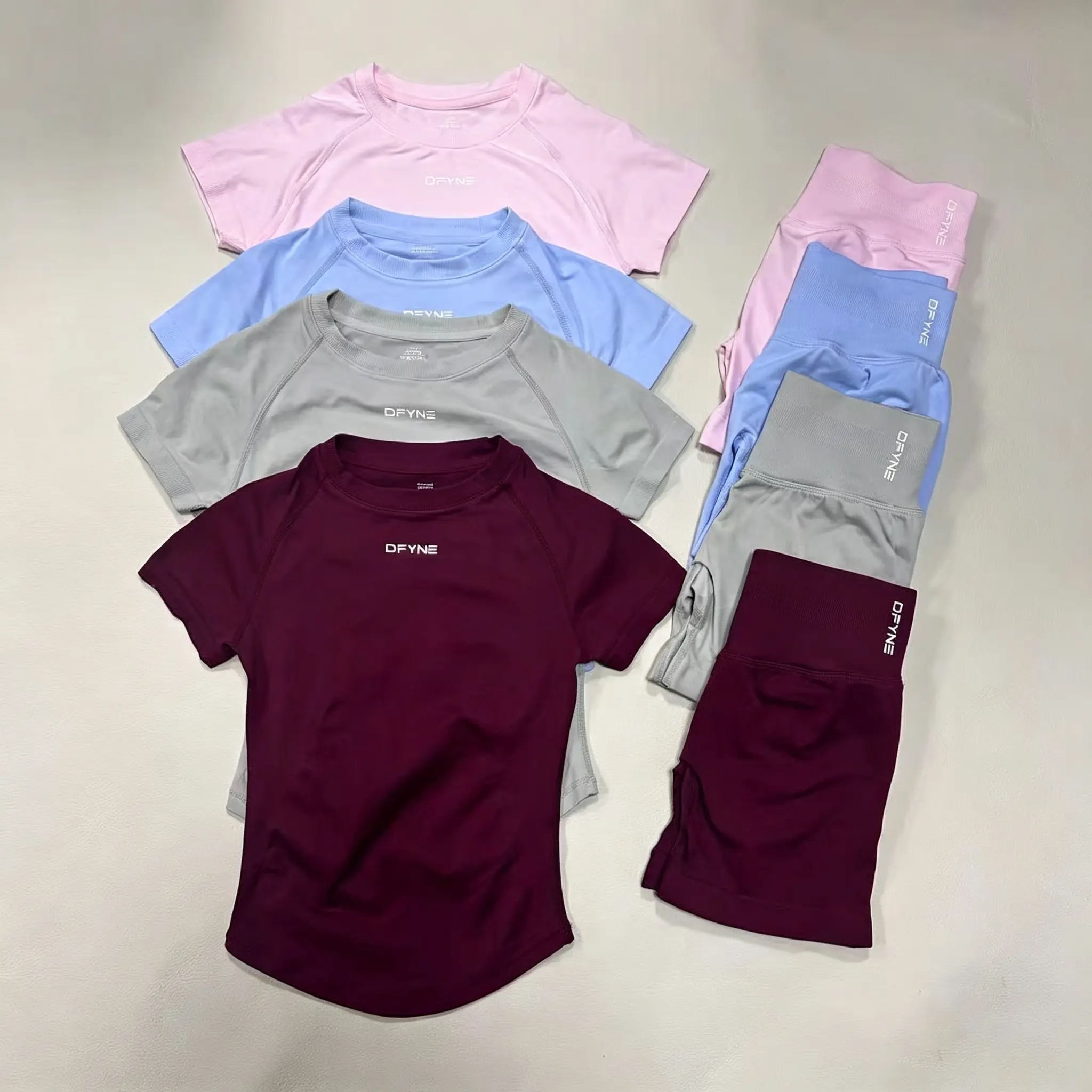 Dfyne Women's Seamless 2-Piece Yoga Set, Buttery Soft Sculpting Outfit with Short Sleeve Crop Top & High Waist Butt Lifting Biker Shorts, Baby Pink, Wine Red, 4-Way Stretch Seamless Knit, Anti-Roll Down Design, Female, Dark Purple, 3D Contour Butt Seam, A