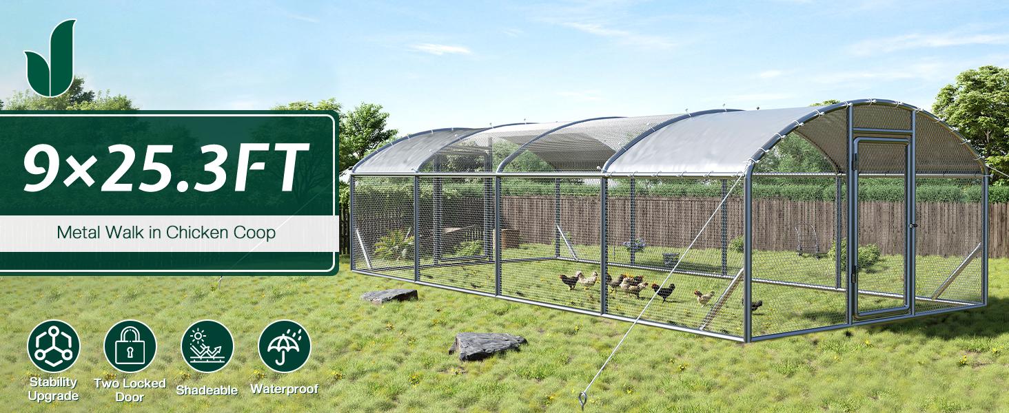 VanAcc Large Chicken Coop with Perch and Hinged Door, Spire Roof Walk-in Chicken Run with Metal Frame and PE Cover for Backyard Poultry, Ducks, Rabbits