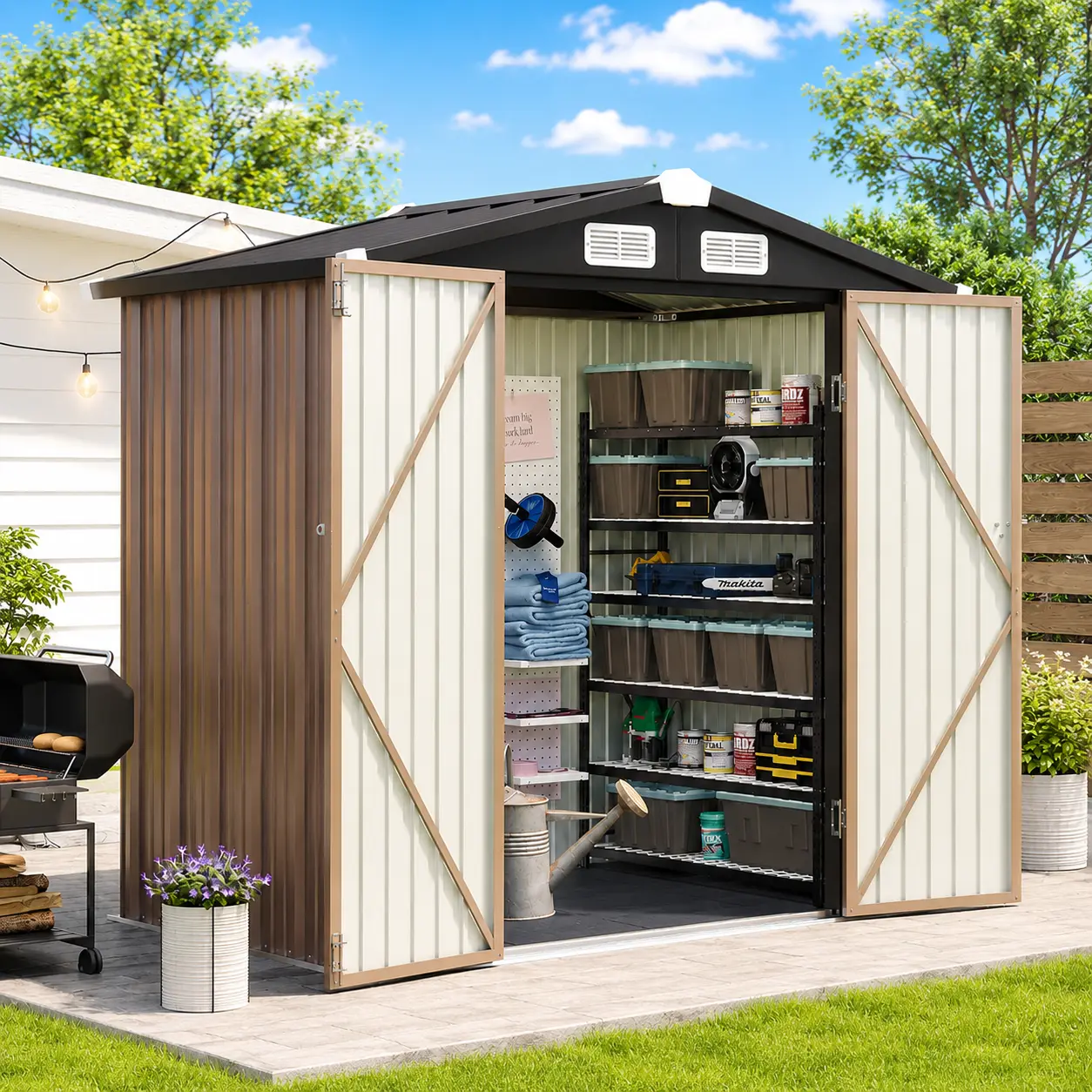 Aoxun  Shed with Floor Heavy-Duty Galvanized Steel Outdoor Storage Shed with Double Doors, Ventilated Weatherproof Design for Bike/Generator/Tool Organization (Brown)