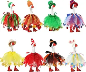Geyoga 8-Piece Set 7-inch Mini Desktop Goose Costume, Festive Mini Knit Hat and Tulle Skirt Accessories, Suitable for Magnetic Goose Statues