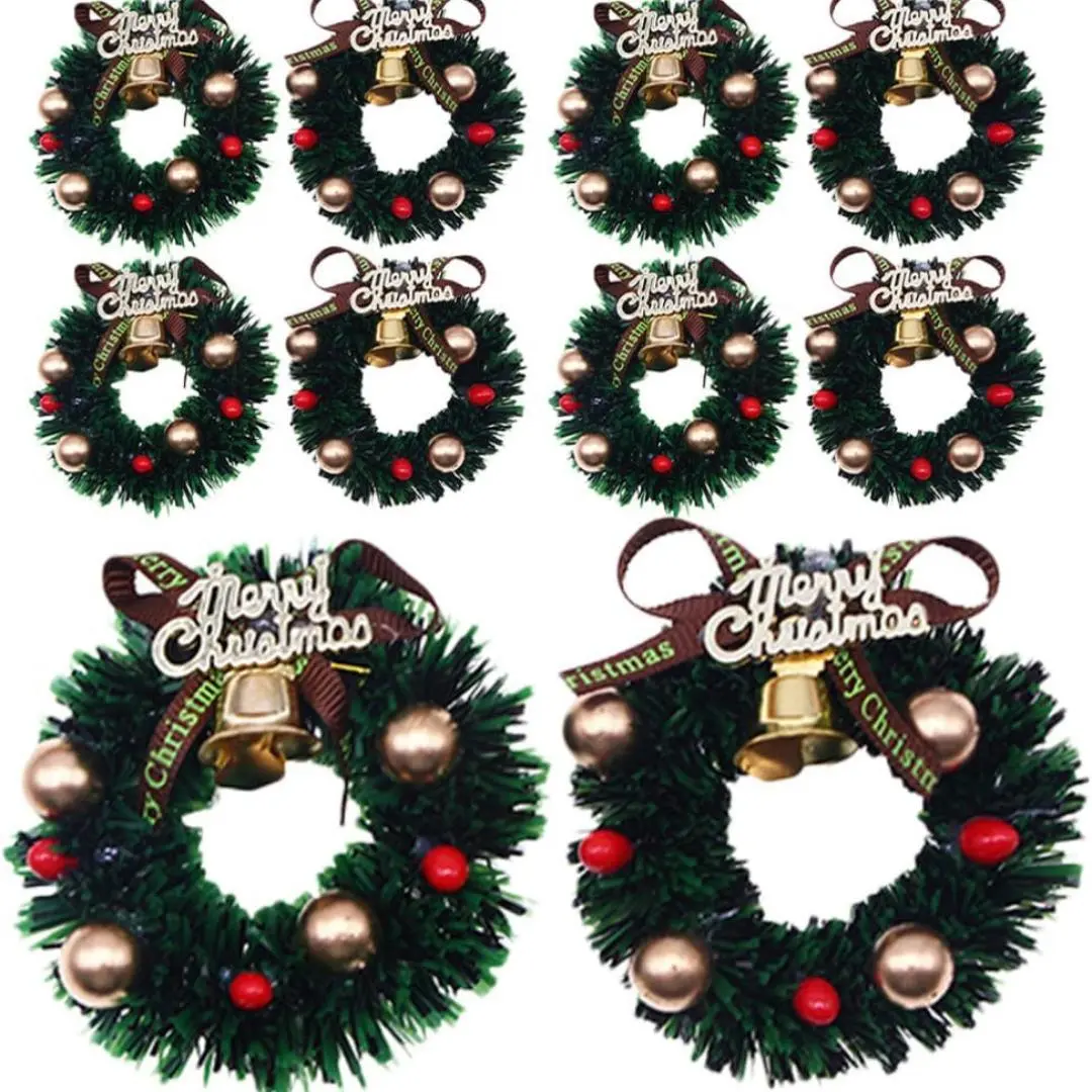 10pcs Mini Christmas Wreaths with Bow Bell Mini Green Artificial Christmas Wreath for Xmas Holiday Supplies