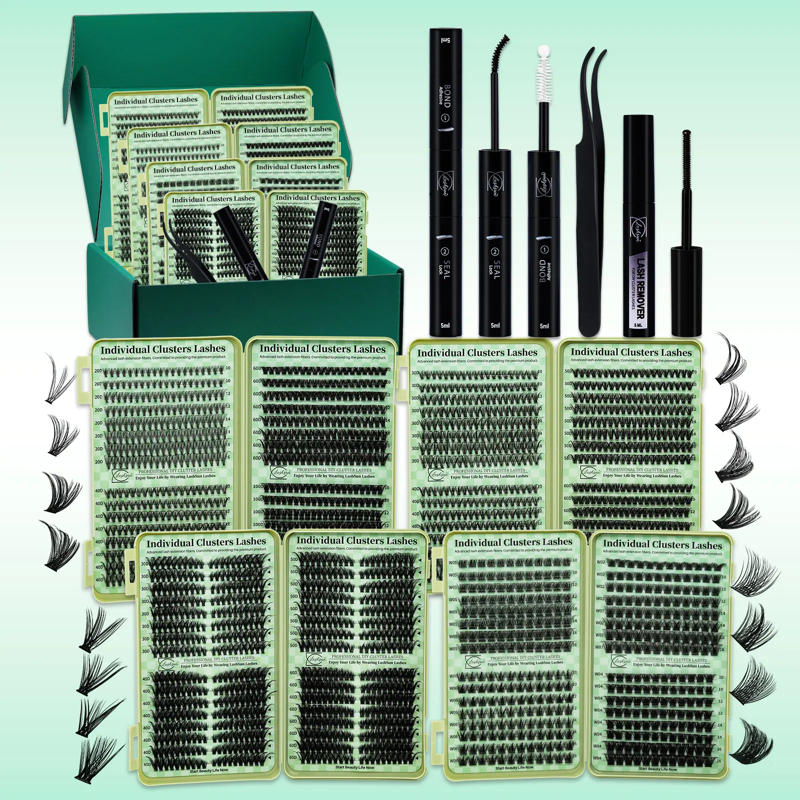 2304 Clusters Lashes Book High Capacity Lashes Kit, D Curl Lash Clusters Multiple Styles Mixed 10-16mm Mega Volume Individual Lashes Wispy Lashes Cluster Lash Set Comes with Bond&Seal Lash Remover and Tweezers For DIY use at home, Beginner friendly