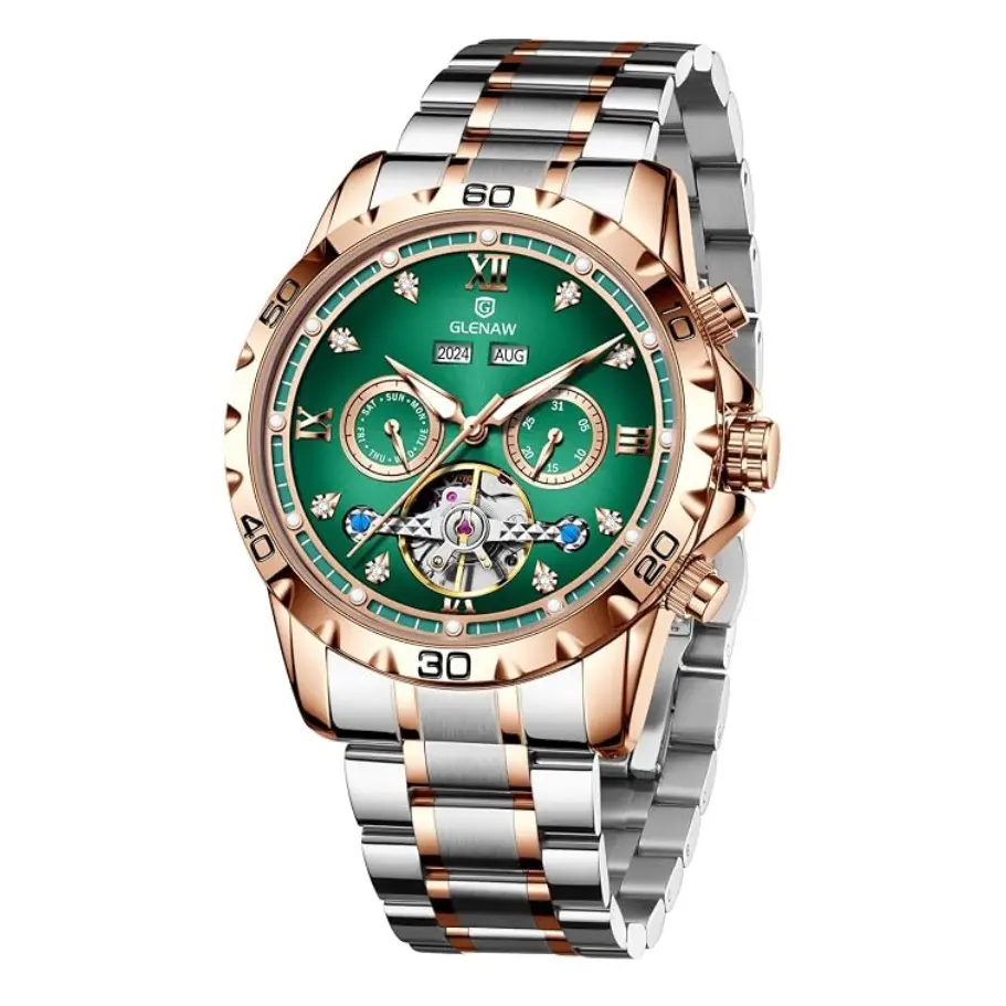 Men's Skeleton Automatic Self-Winding Mechanical Watch, Roman Numeral Diamond Dial, Stainless Steel Band, Perpetual Calendar Week Date Luminous 3ATM Waterproof Business Casual Wrist Watch Gift For Him