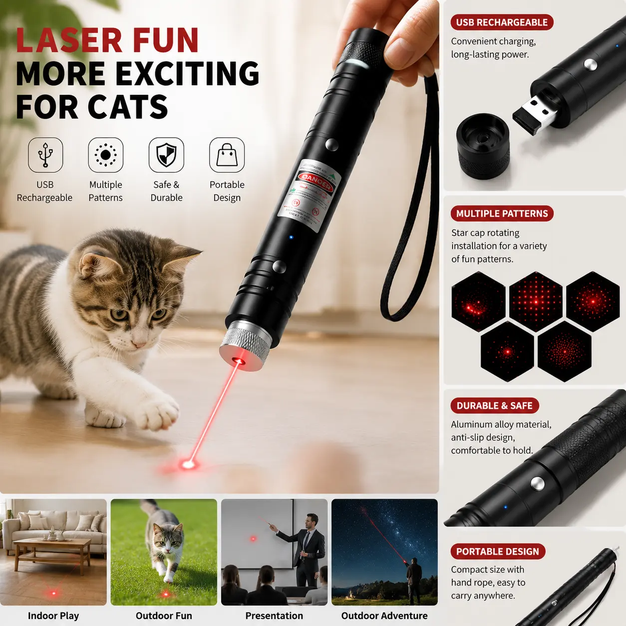Rechargeable Cat Laser Pointer Toy, Interactive Star Projector Laser Toy for Cats, USB Charging Pet Exercise Toy with Multiple Light Patterns, Fun Indoor Cat Play Wand for Boredom Relief, Active Play and Bonding with Your Cat