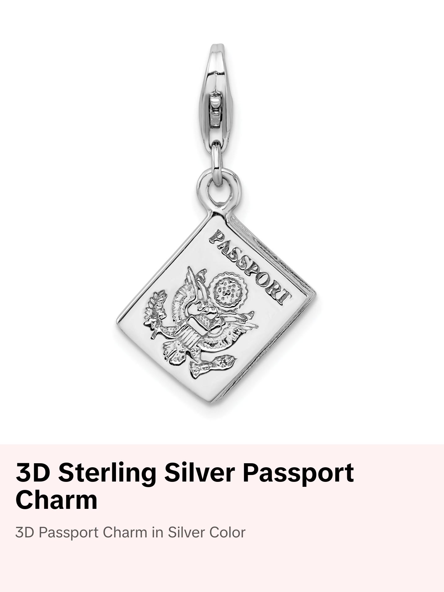 Amore La Vita Sterling Silver Rhodium-plated Polished 3-D Passport Charm with Fancy Lobster Clasp