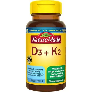 Nature Made Vitamin D3 K2 Supplement, 5000 IU (125 mcg) Vitamin D for Bone, Teeth, Muscle and Immune Support, 30 D3 and K2 Softgels, 30 Day Supply