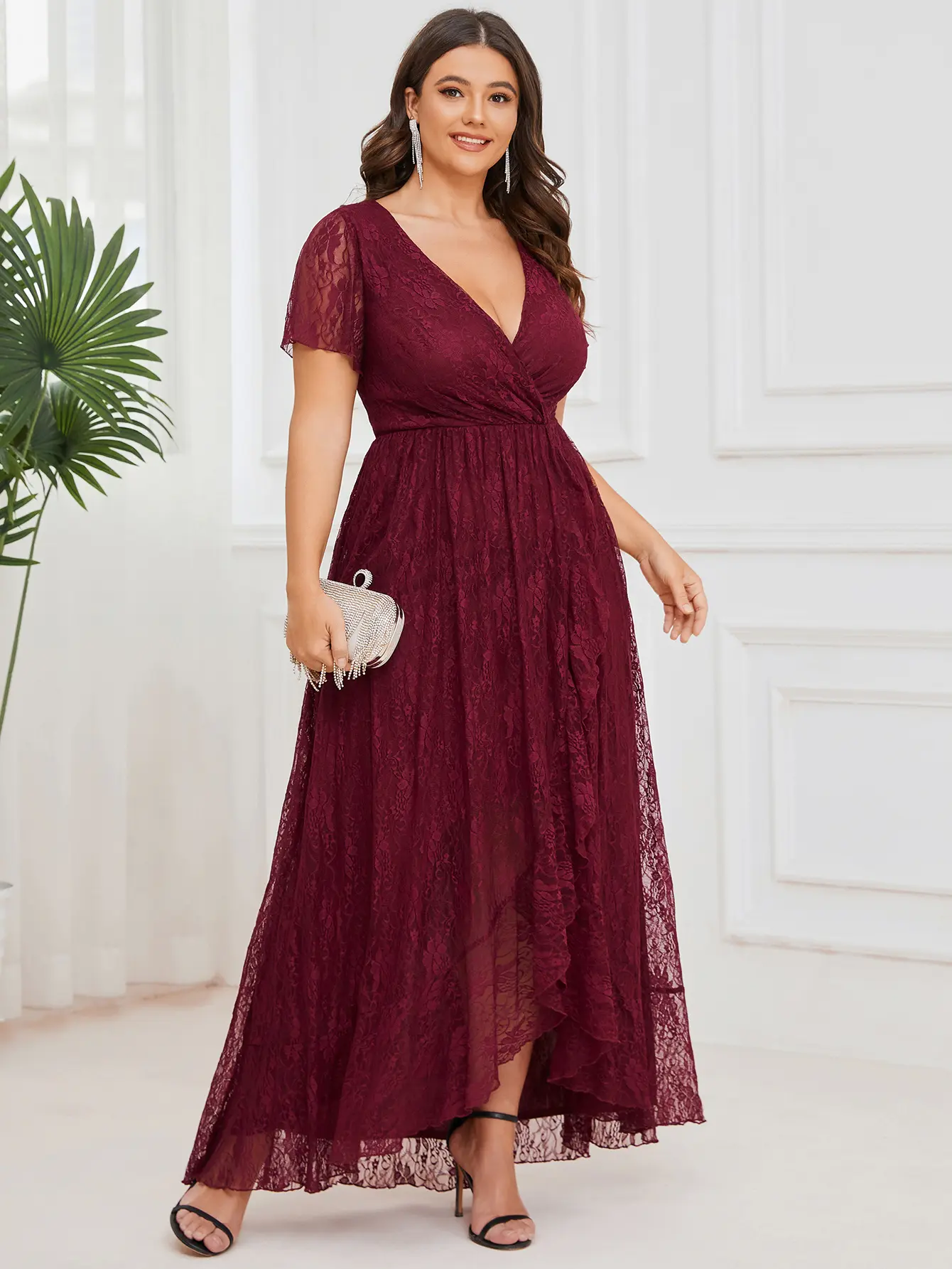 Ever-Pretty Short Sleeve Ruffled Lace Mother of the Bride Dress with V-Neckline for  Formal Occasions 01489