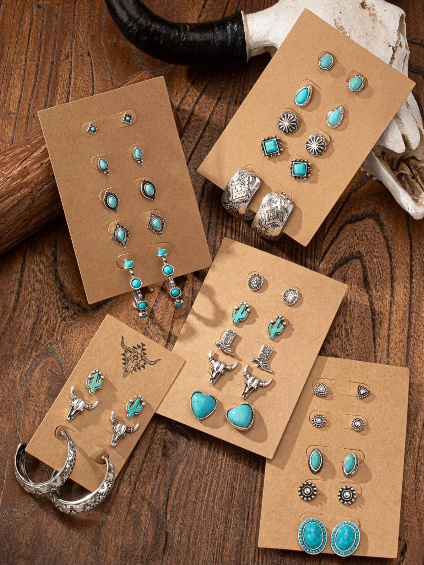 Women's Boho Style Turquoise Texture & Heart & Geometric & Animal Design Stud Earrings, Vintage Trendy Stud Earrings, Fashionable Jewelry for Women for Daily & Party Decoration, Zinc Alloy, Bohemian, Motifs, Western, Versatile, Earrings Studs, Earring Set