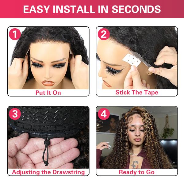 QUANDIAN 13X6 Burmese Curly Glueless Highlight Lace Front Wigs Human Hair Pre-Cut HD Lace Beginner Friendly Pre Bleached Upgraded Drawstring for Women