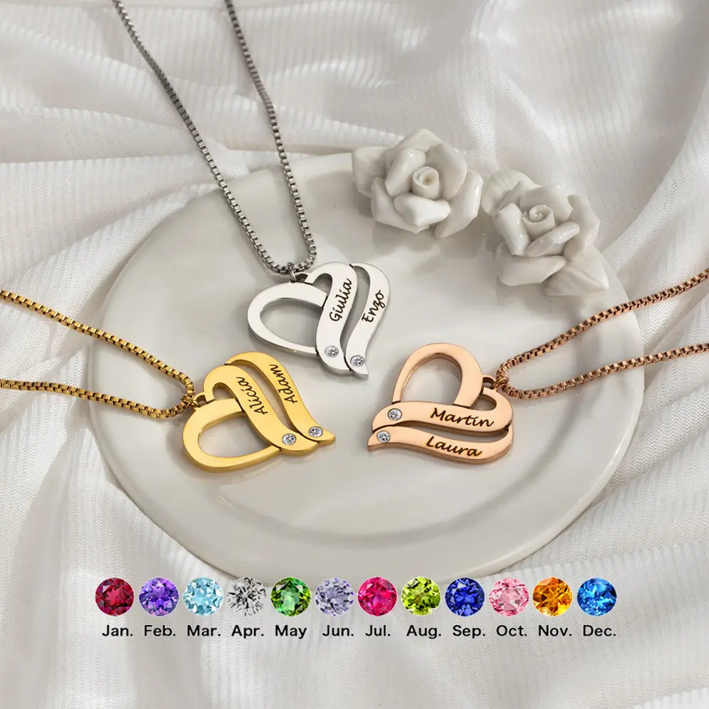 AS1801 Customized Engraving Name Double Love Pendant Stainless Steel DIY Birthstone Necklace Men's and Women's Gifts