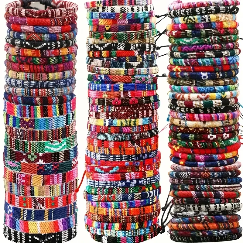 72pcs Ethnic Style Colorful Pattern Woven Adjustable Bracelet Set Suit for Men's And Women's Daily Wear And Anniversaries, Festive Present