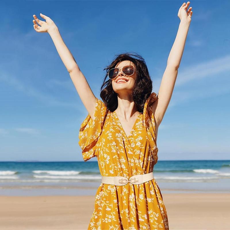 2-Piece Set Women Straw Belt Elastic Waist Metal Buckle Breathable Elegant Boho Braided Belt for Dress Casual