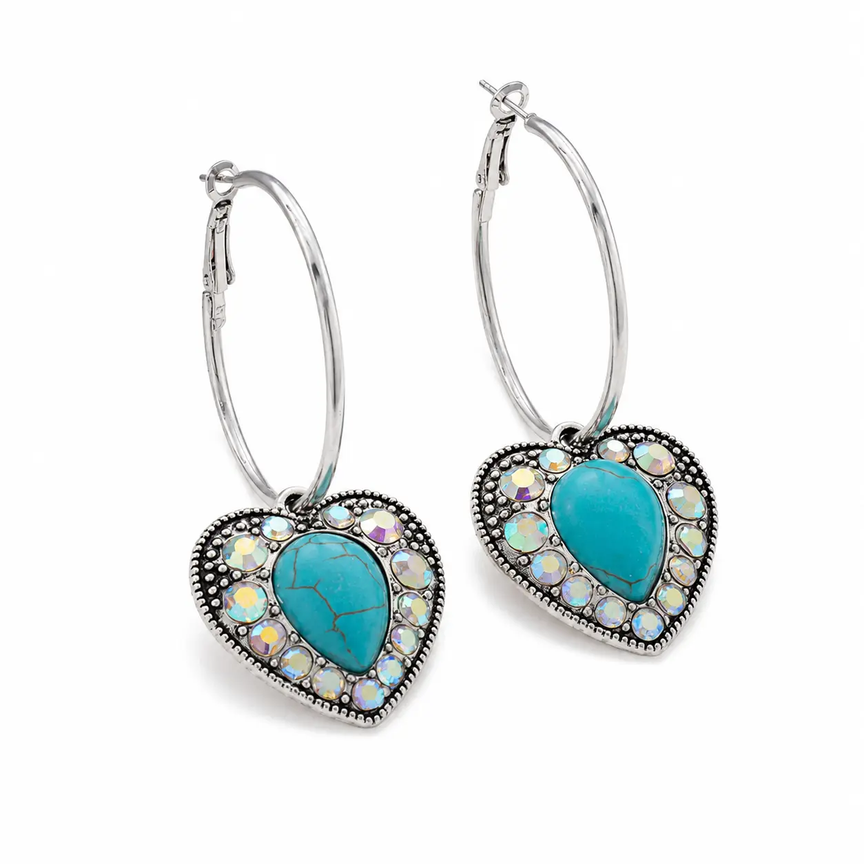 EH-A42-Vintage Bohemian Heart Pendant Hoop Earrings for Women, Turquoise Style Rhinestone Western Dangle Earrings, Cowgirl Southwestern Statement Jewelry for Daily Party Festival Wea
