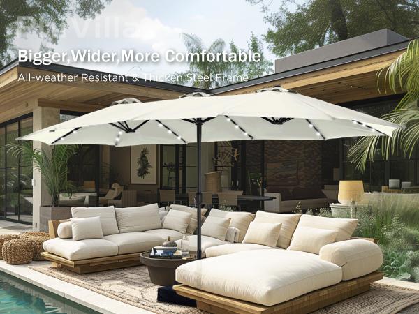 [Base & Lights] PHI VILLA 15 ft Extra Large Patio Umbrella with 36 LED Lights, Metal Construction, Includes Base, Heavy Duty for Pool Garden Backyard Outdoor Modern Design