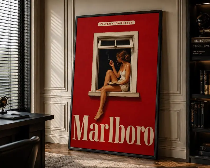 Vintage Marlboro Reading Woman Artistic Poster - Retro Red Literary Eco-Friendly Print, Vintage Home Decor, Dining Room Wall Art for Bedroom, Mother’s Day & Earth Day Supplies