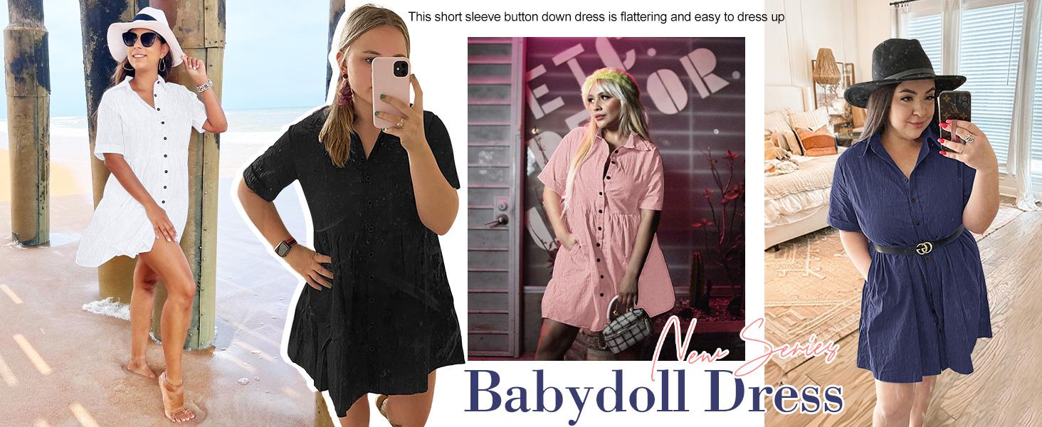 AUSELILY Babydoll Dress for Women Short Sleeve Button Down Textured Non-clingy Loose Fit Flowy Mini Dress with Pockets 2026 New Summer Dress SpringStatements