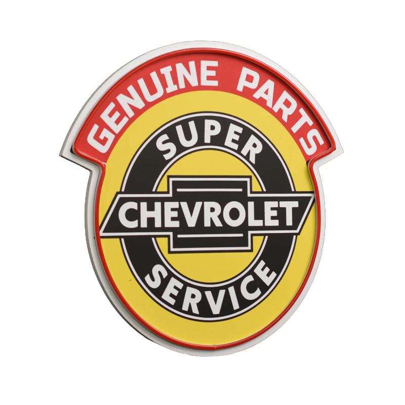 Chevrolet Genuine Parts Super Service LED Plaque Sign – Vintage Garage Neon Style Wall Decor, Red-Orange LED Accent, 16"