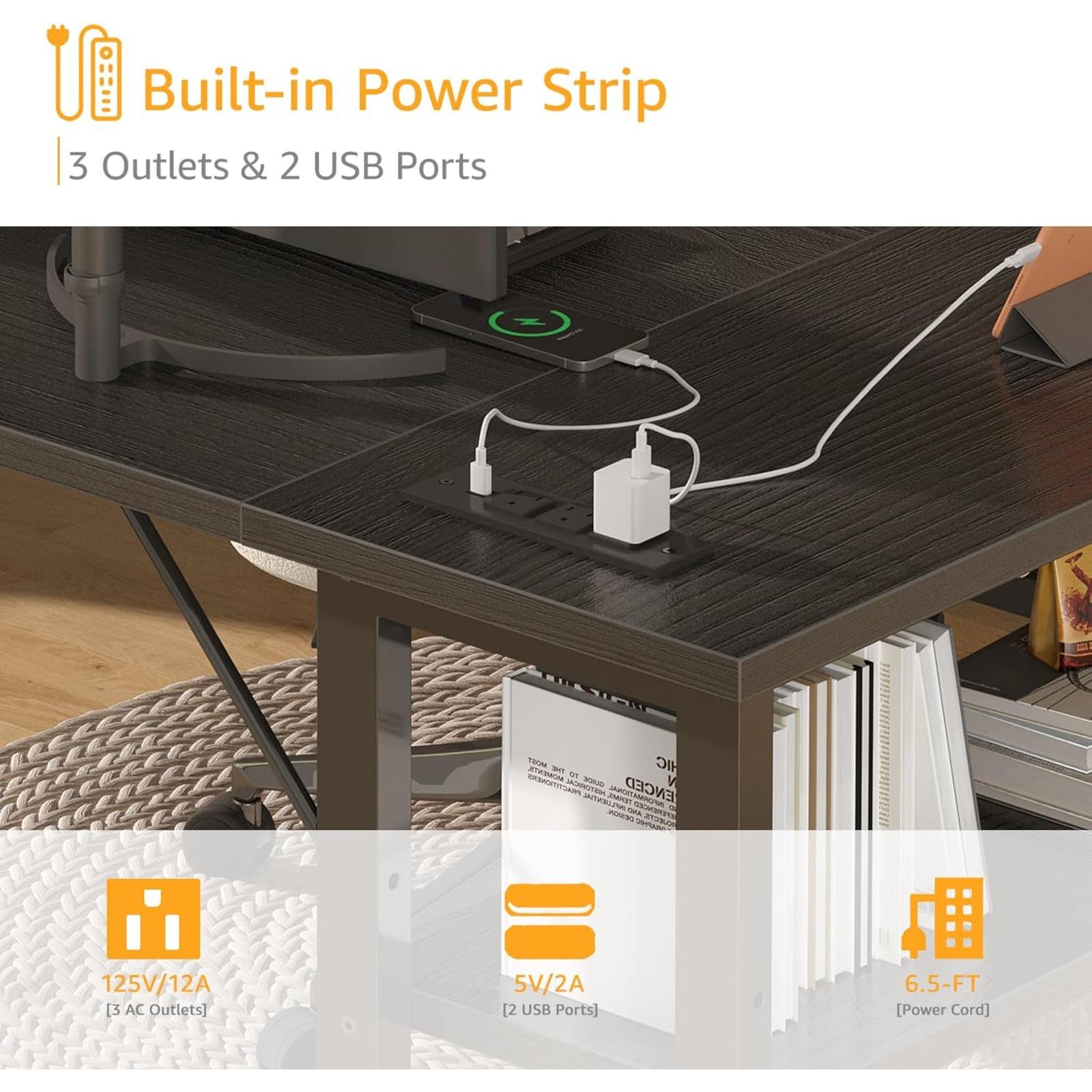 Black L Shaped Desk with Shelves Power Outlet, 40 Inch Small Corner Computer Gaming Desk for Small Space Home Office, Study Work PC Desks for Bedroom, Black, Get Free Gift