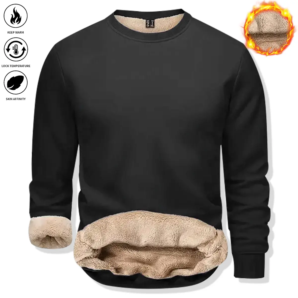 Men's Fitted Plain Pull-On Athletic Crewneck Sweatshirt - Wool-Like Fabric Lined, Windproof Polyester Long Sleeve Pullover for Autumn Winter, New Year | Menswear Tops, Party Wear