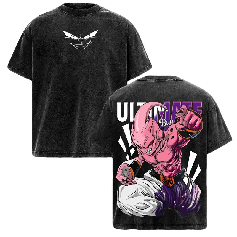 Men's Majin Buu Vintage Washed Anime Graphic T-Shirt, Unisex Oversized Premium Cotton Streetwear Tee, Round Neck Short Sleeve Loose Fit Casual Top, Black Gift-Worthy New York Menswear Shirt