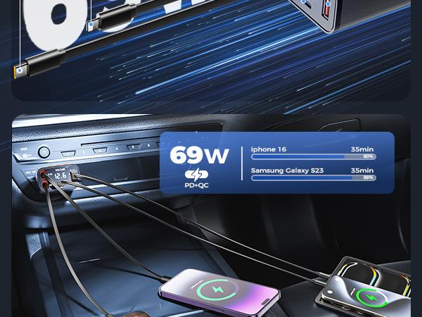 Bluetooth 5.3 Car Adapter with Retractable car charger 69W FM Transmitter Radio Receiver Handsfree Calling Audio Receiver MP3 Music Player Support USB Vehicle Automotive  Auxiliary Cord