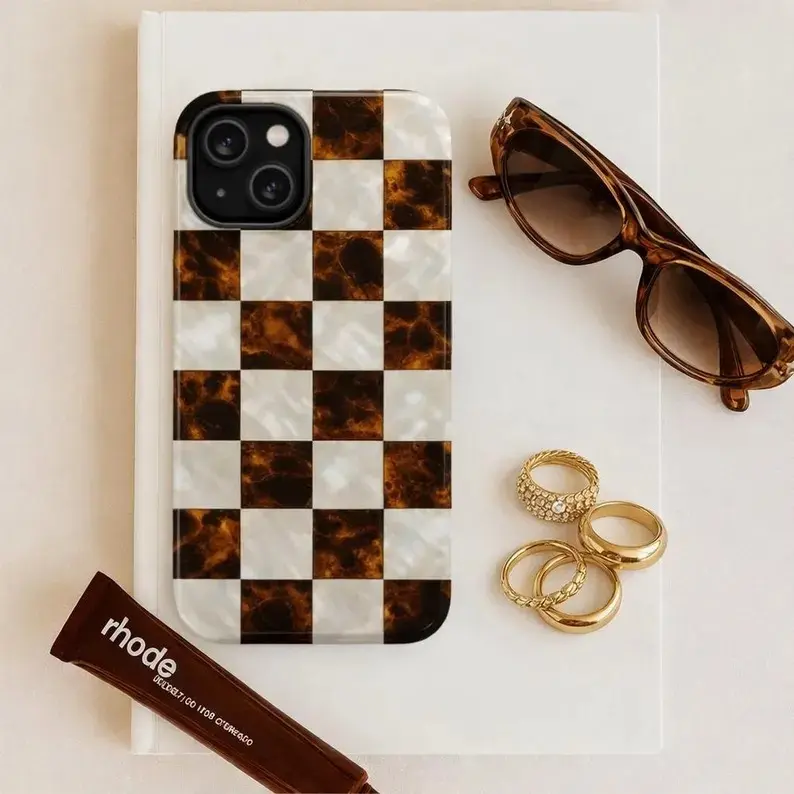 Checkerboard Phone Case Pearl & Tiger Eye Tortoise Design, Stylish Phone Accessory, Chic Y2K Trend, Luxury Gold Detailing Cover for iPhone 17,16,15,14,13,12 Pro Max Mini & Samsung S26,S25,S24,S23,S22,S21 Ultra Plus FE