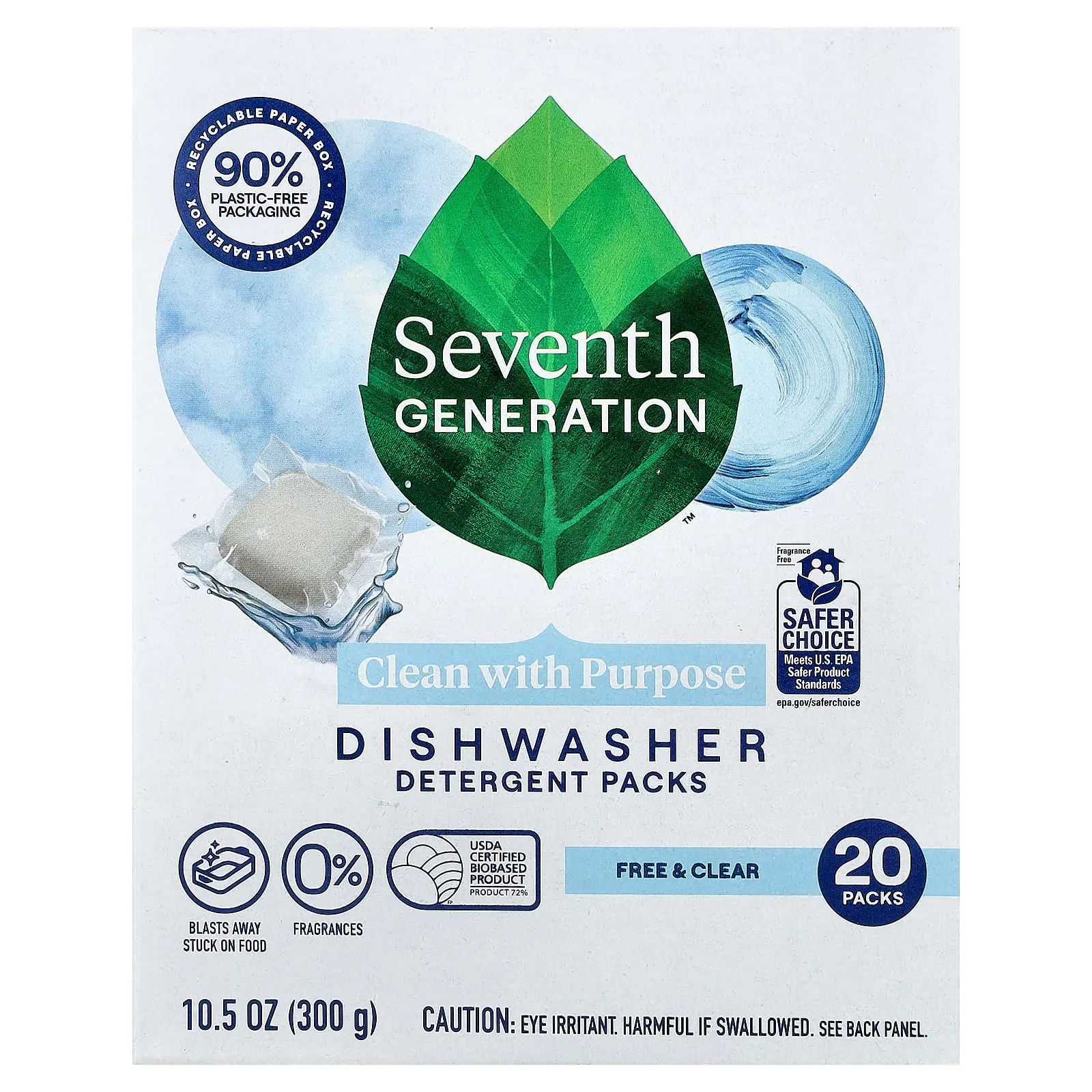Seventh Generation Dishwasher Detergent Packs, Free & Clear, 20 Packs, 10.5 oz (300 g)