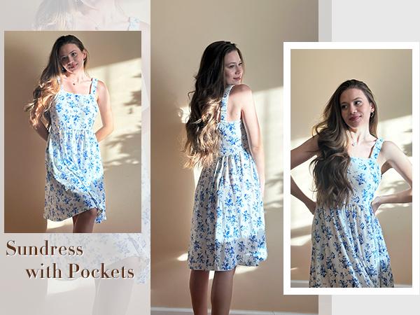 Women's Summer Dress Floral Square Neck Sleeveless Casual Dress with Pockets A-line Swing Mini Dresses Sundress