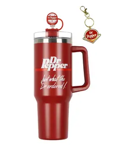 Dr Pepper 30-oz Stainless Steel Tumbler Cup Set with Handle Straw Cover Topper Retro Logo Keychain Insulated Travel Mug