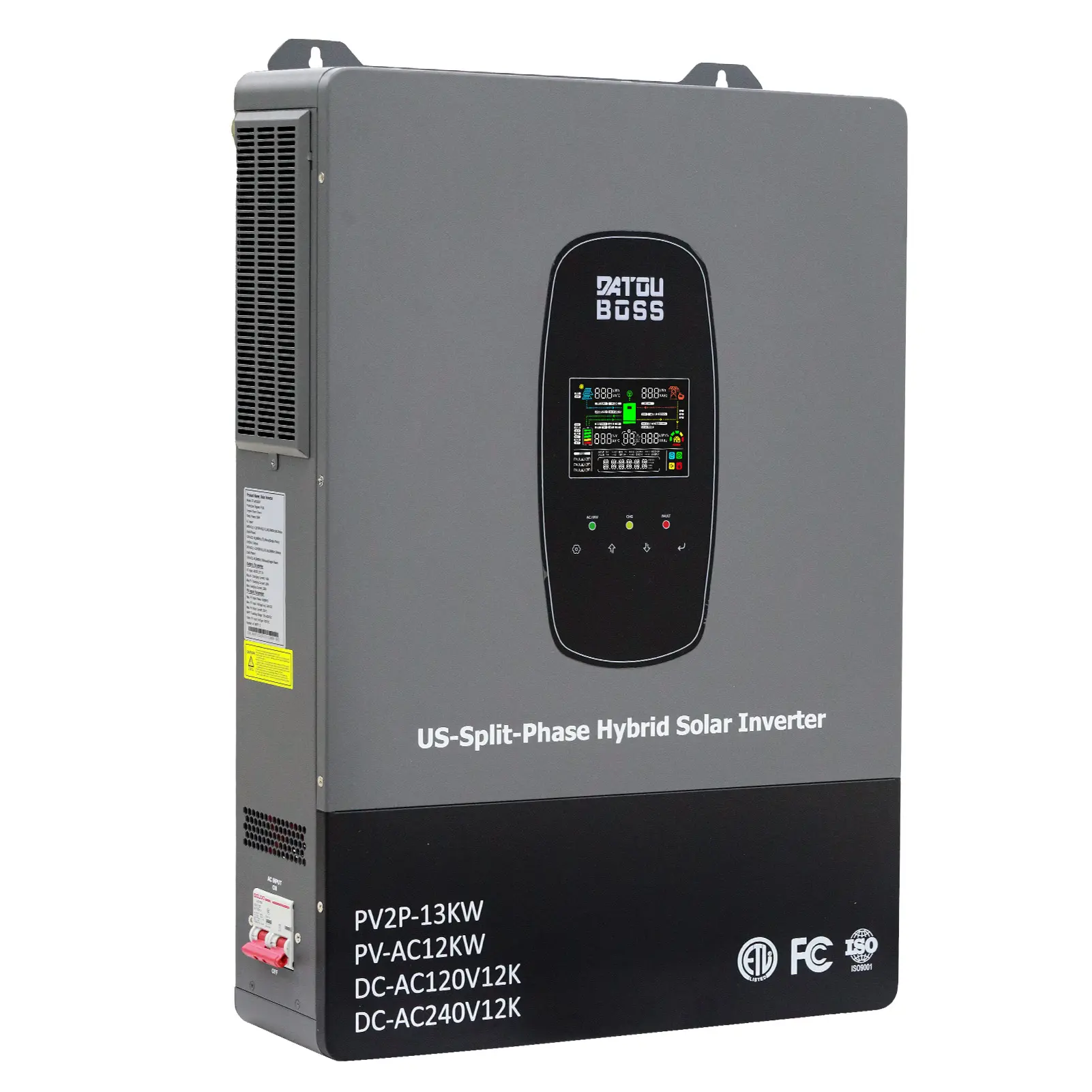DATOUBOSS 12000W Hybrid Solar Inverter - 48V DC to 110V/240V AC Split-Phase, Built-in 2 MPPT Controllers, Pure Sine Wave, Max 220A Charging Current, WiFi Control, BMS, LED,   Parallel  support ,Max 6 Parallel Capabilit