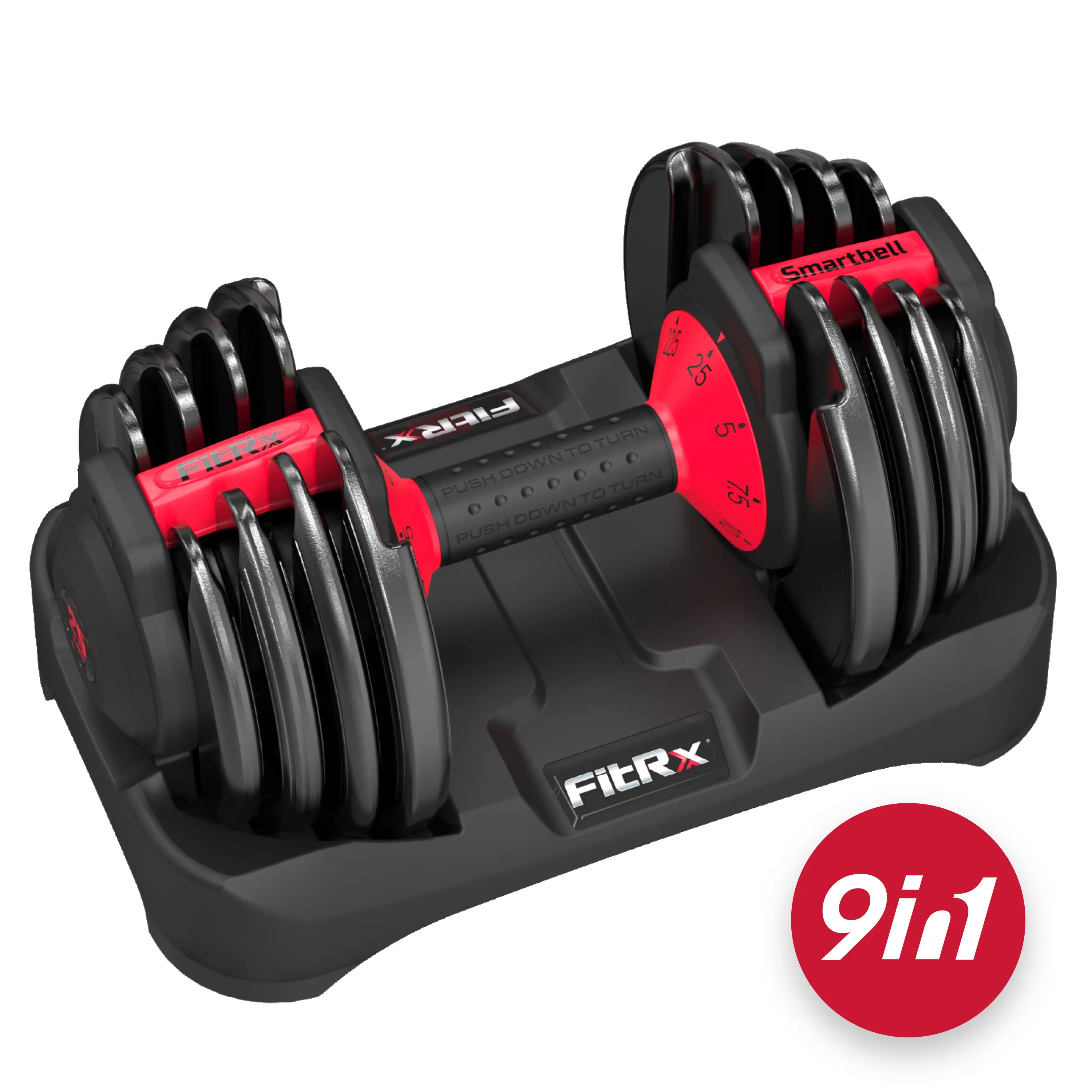FitRx SmartBell, 25lbs. Quick-Select 9 in 1 Adjustable Dumbbell for Home Gym, 5-25lbs. Weight in 2.5lbs Increments
