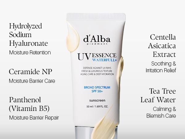 [OFFICIAL d'Alba] Waterfull UV Essence Sunscreen - Lightweight SPF 50+ PA++++ Vegan Sun Care & Facial Moisturizer (1.69 fl oz) Moisture Skincare