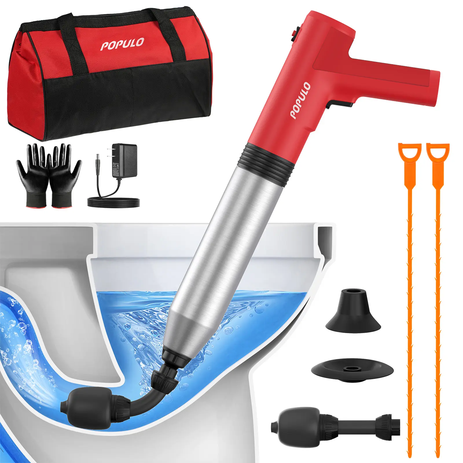 POPULO Electric Toilet Plunger Pump - High-Pressure Air Power Sink Plunger, Effortless Unclogging Tool for Household Bathroom Shower Drainage & Plumbing Clogs, Eco-Friendly