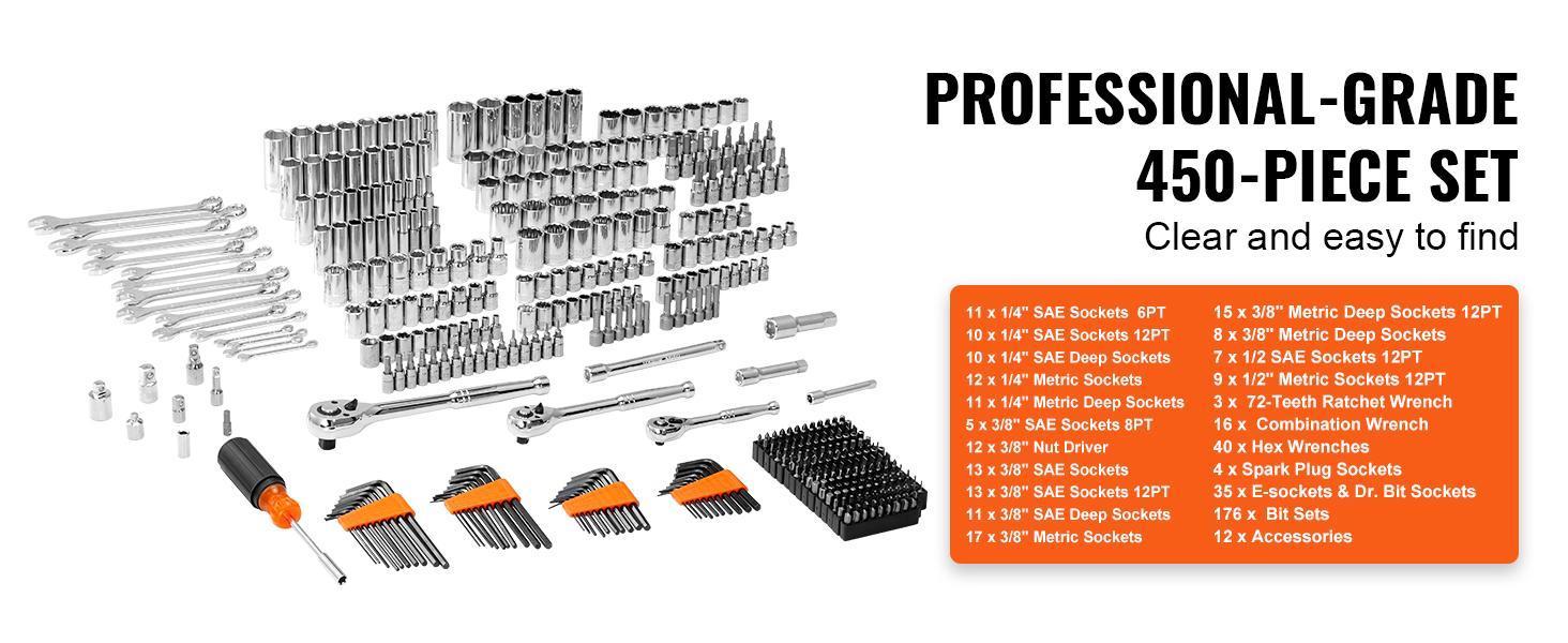 VEVOR Mechanics Tool Set and Socket Set, 1/4" 3/8" 1/2 Drive Deep and Standard Sockets, 145/205/450 Pcs SAE and Metric Mechanic Tool Kit with Bits, Combination Wrench, Hex Wrenches, Accessories, Storage Case