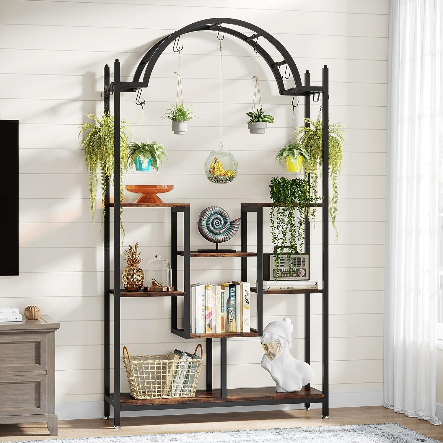 Tribesigns 74.8" Tall 5-Tier Tall Indoor Plant Stand Hanging Hooks Metal Decor Racks Metal Shelf Organiser Wood Photo Wooden Hangable