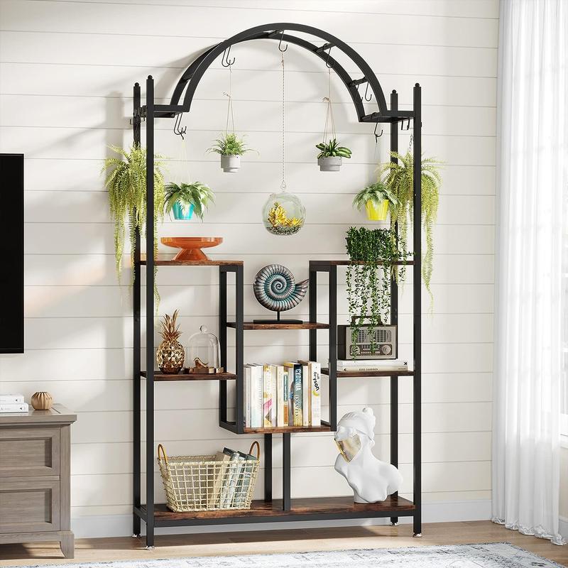 Tribesigns 74.8" Tall 5-Tier Tall Indoor Plant Stand Hanging Hooks Metal Decor Racks Metal Shelf Organiser Wood Photo Wooden Hangable