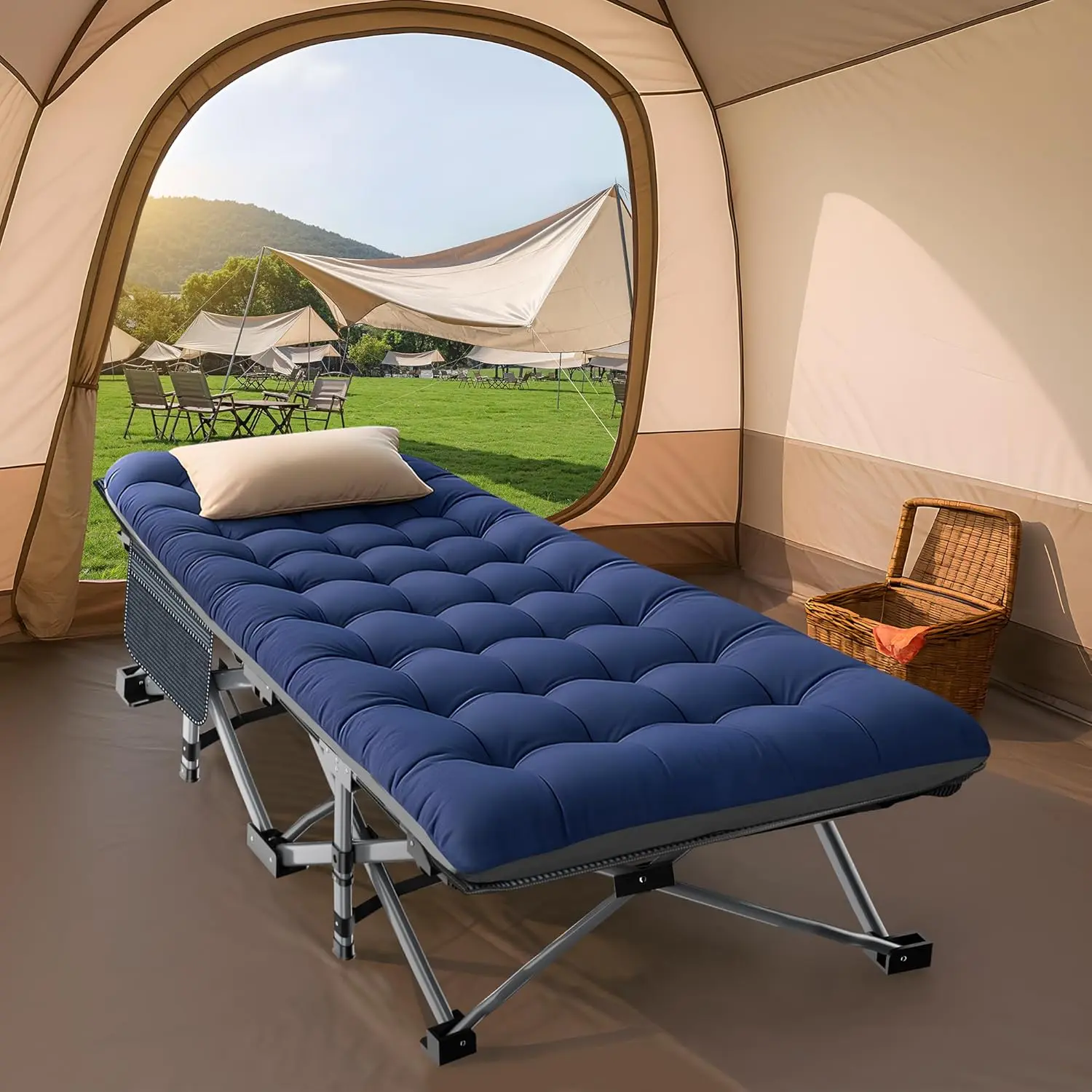 Camping Cot for Adult 28" Extra Wide Heavy-Duty 1200D Oxford Portable Folding Camp Bed with Mat Carry Bag Outdoor Picnic Chair Beach Chair Campchair