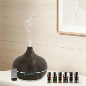 550ml Aromatherapy Diffuser with 6 Essential Oils Wood Grain Design Remote Control 7 Color LED Ultrasonic Humidifier for Home Office Spa