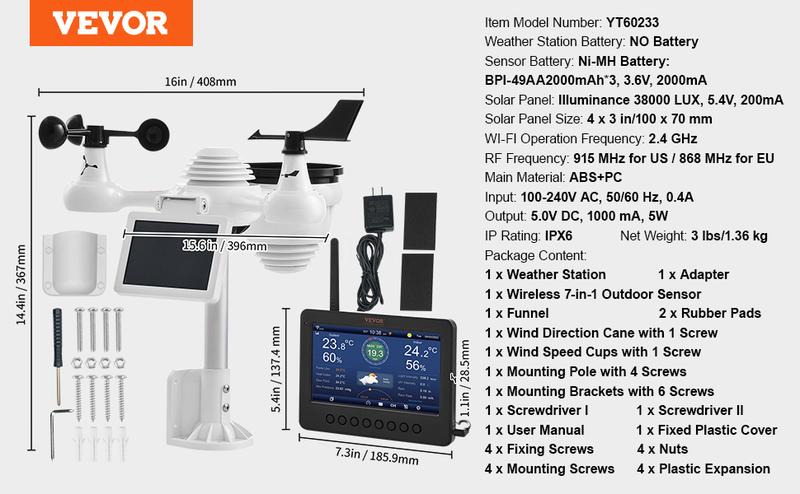 VEVOR 7-in-1 Wireless Weather Station with Wi-Fi, 7" TFT Colorful Display, Solar-Powered Outdoor Sensor, Indoor & Outdoor Monitoring, Includes Temperature, Humidity, Wind Speed/Direction, and Rainfall VEVOR 7-in-1 Wireless Weather Station with Wi-Fi, 7" TFT Colorful Display, Solar-Powered Outdoor Sensor, Indoor & Outdoor Monitoring, Includes Temperature, Humidity, Wind Speed/Direction, and Rainfall