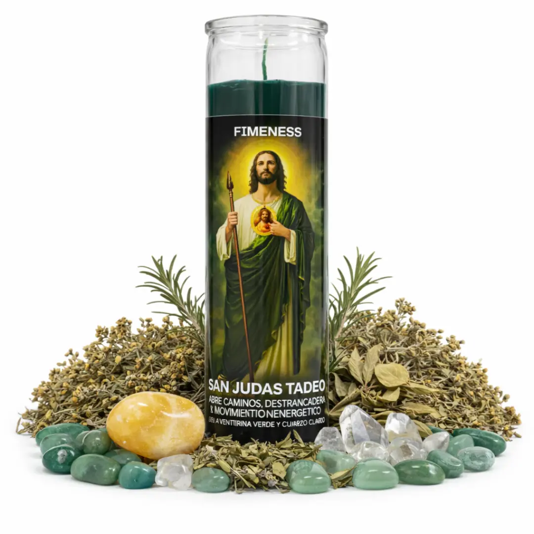 FIMENESS - SAN JUDAS TADEO SEVEN DAY PRAYER CANDLE - CRYSTAL AND HERB INFUSED FIMENESS - SAN JUDAS TADEO SEVEN DAY PRAYER CANDLE - CRYSTAL AND HERB INFUSED