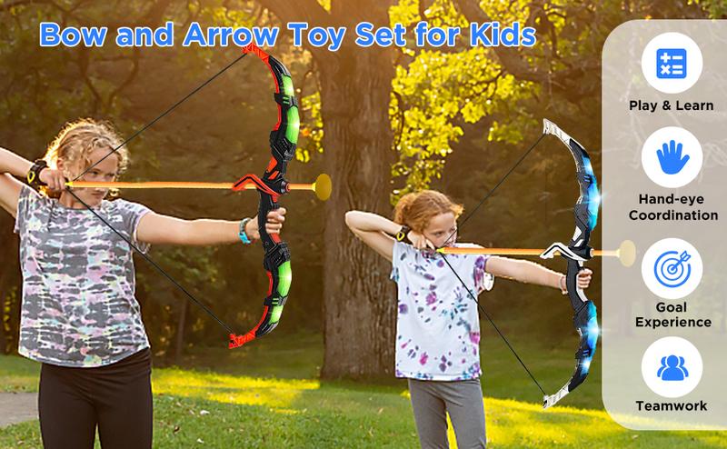 VATOS 2 Pack Bow and Arrow Toy for 5 6 7 8 9 10 11 Year Old Boys Girls, Light Up Archery Toy with Cup Suction Standing Target & 29 in Dart Board, Indoor Outdoor Activity Toys Birthday