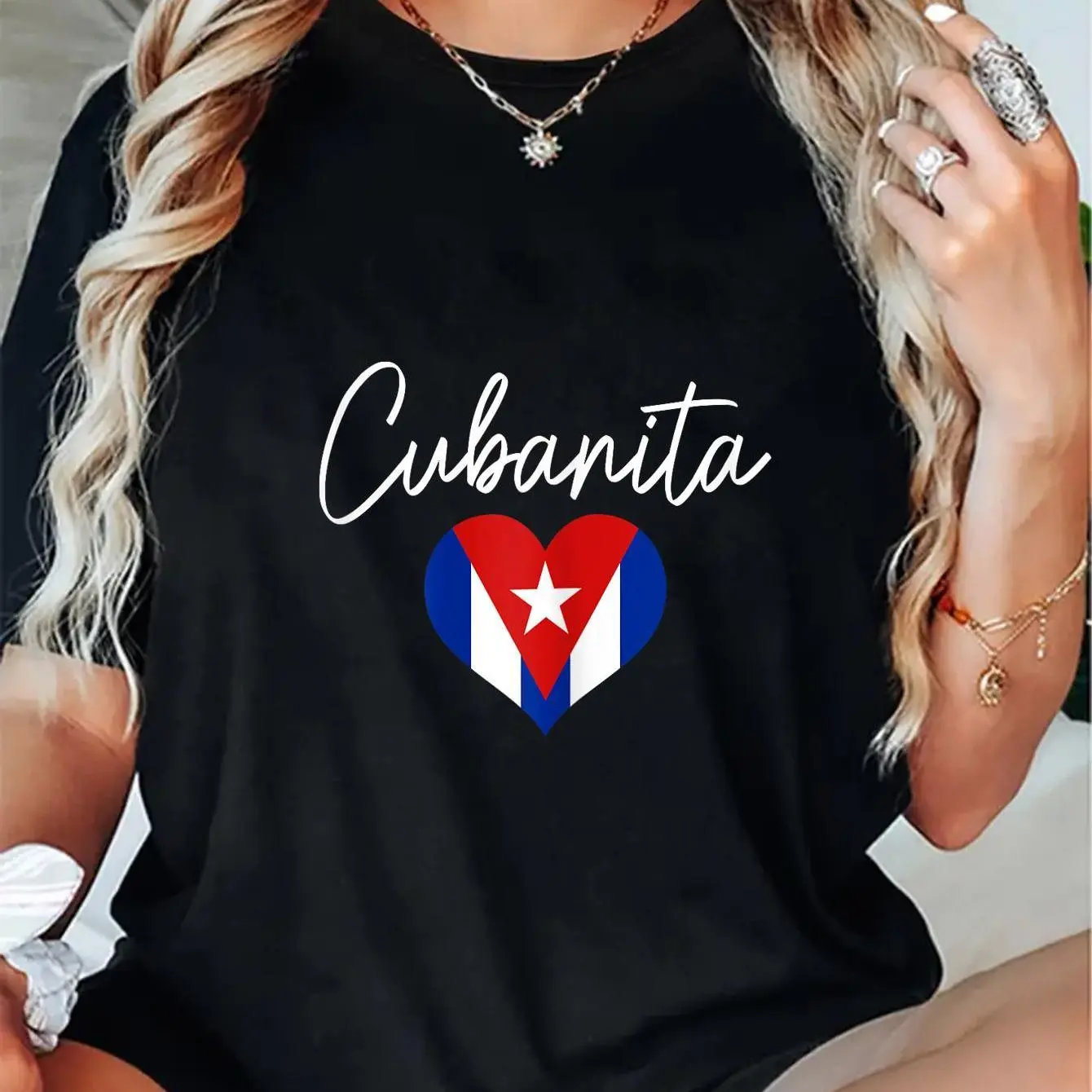 [100% Cotton]100% Cotton Cuban fashion t-shirt with Cuban flag heart, proud of the girl