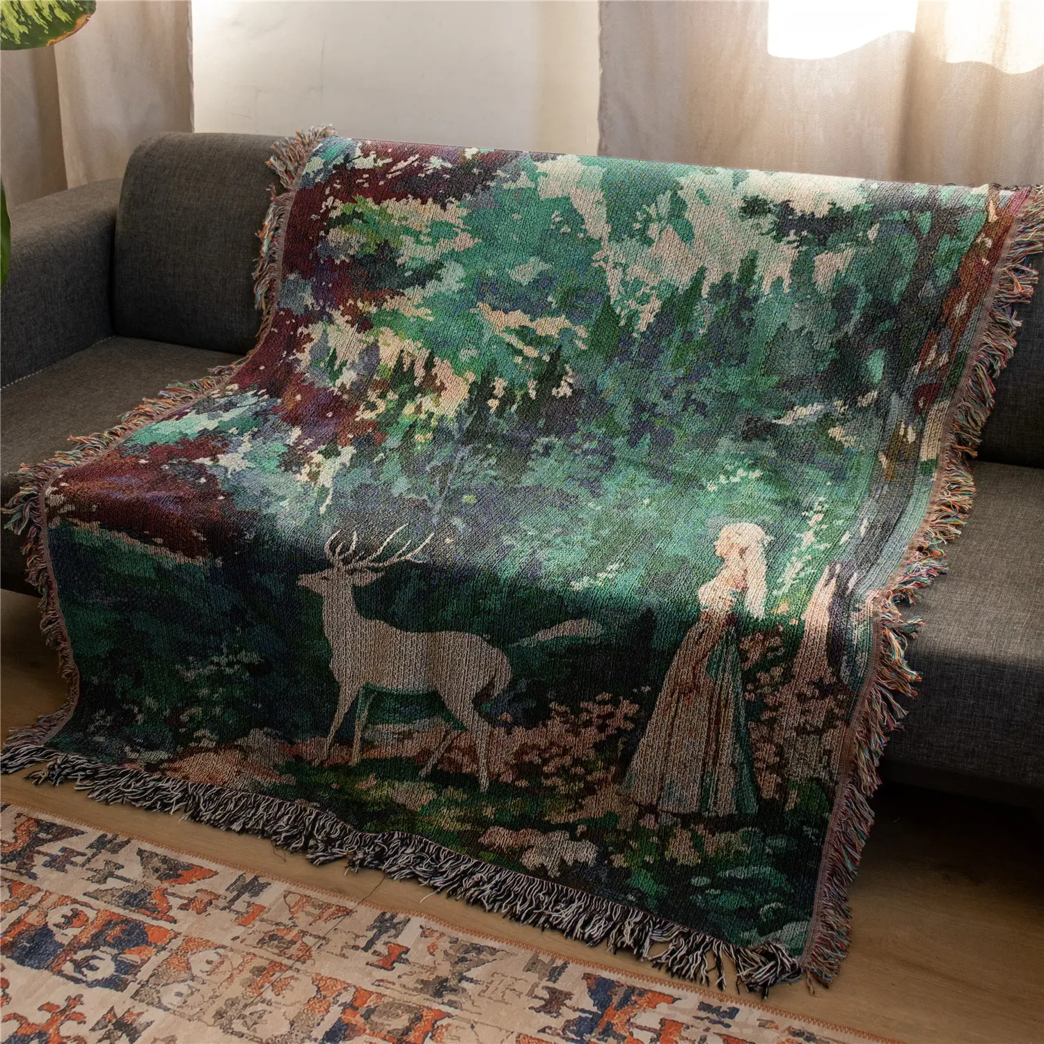 Deer And Woman Pattern Bohemian Yarn Jacquard Woven Blanket With Tassels, Thick Soft Washable Boho Throw Blanket, Used for Home Decor Sofa Chair Bed Tapestry Tablecloth Floor Garden Picnic Outdoor Camping, Soft Blankets, Decorative Blanket
