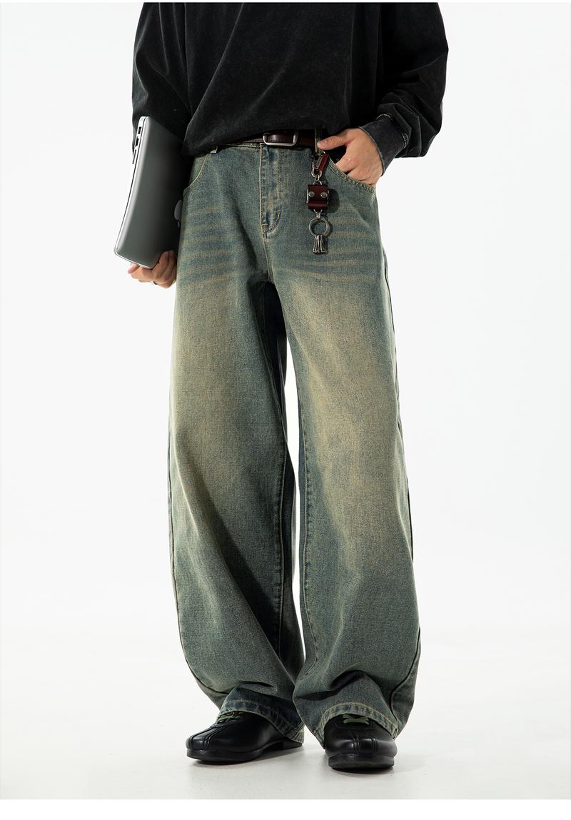 Men's Vintage Oversized Jeans for Fall, Washed Distressed Trendy Brand Loose Straight Leg Pants, Unisex Street Style Minimalist Versatile Fashion Floor-Length Jeans, Men's Denim Pants, Youthful Popular Student Pants, Soft Comfortable Fabric, Suitable for