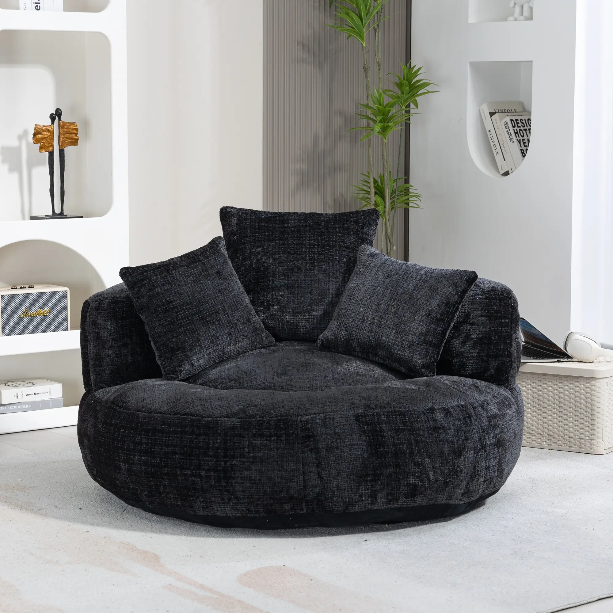 Oversized Chenille Bean Bag Chair, 300LBS Weight Capacity Lazy Sofa with 3 Pillows, Oversized Round Lounge Chair with Sponge Filling for Living Room, Bedroom, Gaming, homemakeover