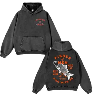 Retro Vintage Fisher of Men Washed Hoodie, Christian Apparel Streetwear, Oversized Menswear And Women Menswear Tops, Gym Pump Cover