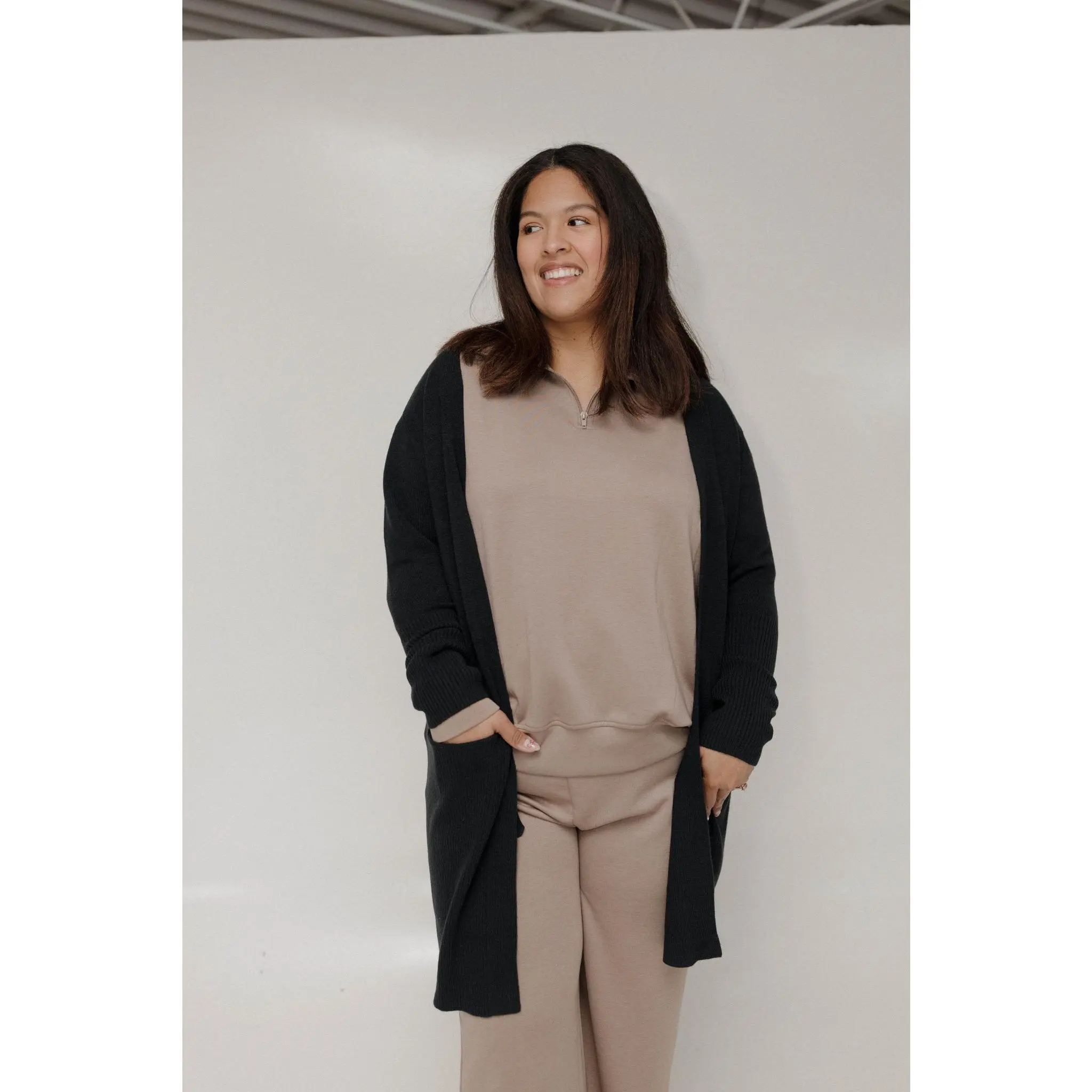 Open Front Half Ribbed Cardigan – Dark Navy, Long Sleeve, Casual Minimalist, Winter Knitwear, Medium Length, Drop Shoulder, Fitted, Plain Pattern, Functional Patch Pockets, Softly Structured Silhouette, True to Size, Hip Length, Moderate Stretch, Blouse,,