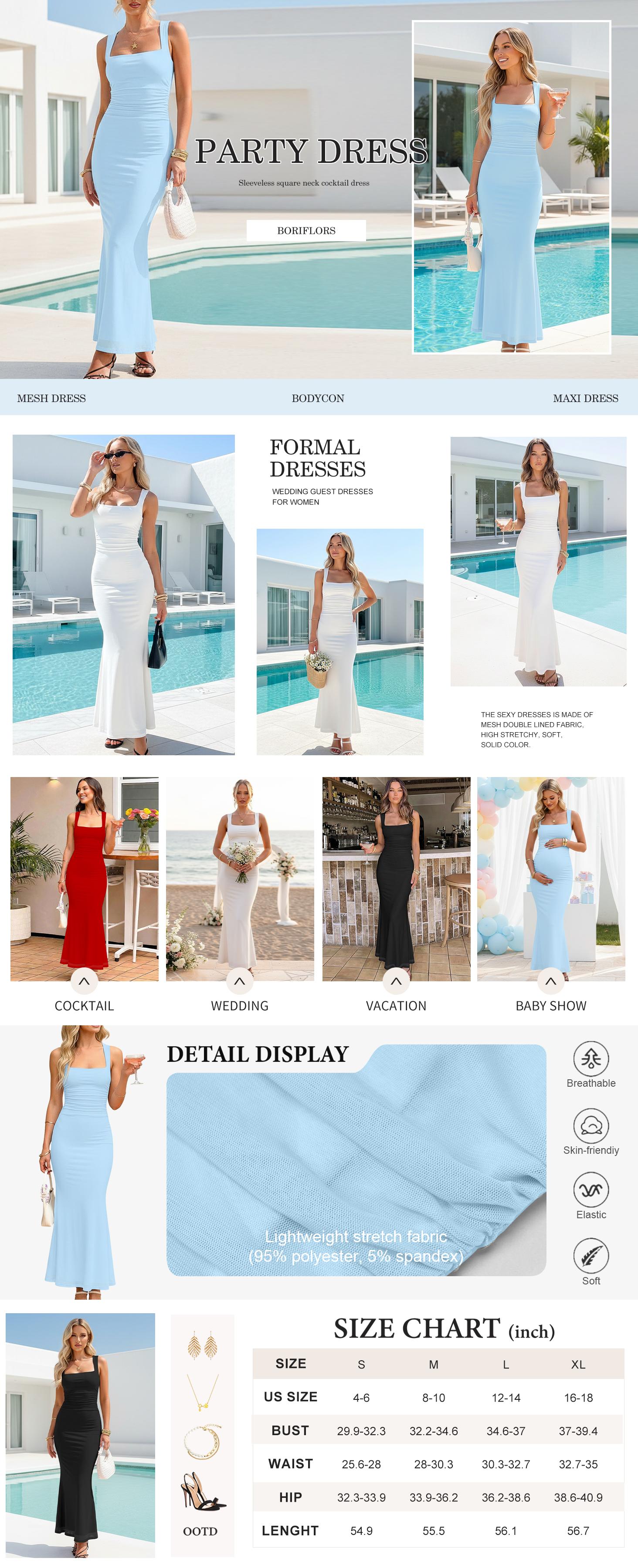 BORIFLORS Women's Ruched Bodycon Maxi Dress Sexy Square Neck Mesh Long Dress for Wedding Guest, Spring Date Night & Cocktail Party 2026, Formal Prom & Gala Gown, Vacation Chic Womenswear